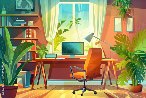 Office space cartoon ideas: vacant table, pc racks, work area, window seat, office chair, table lamp, papers, files, indoor greenery, beautiful illustrations