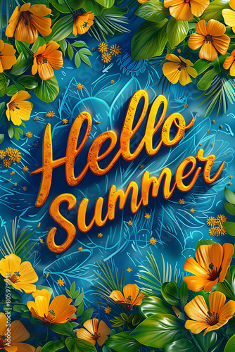 Summer background with tropical plants and flowers, and "Hello Summer" inscription.