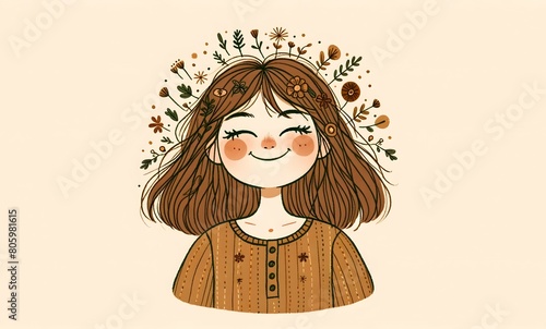 Whimsical Illustration of a Smiling Woman with Floral Hair and Rosy Cheeks, Exuding Contentment