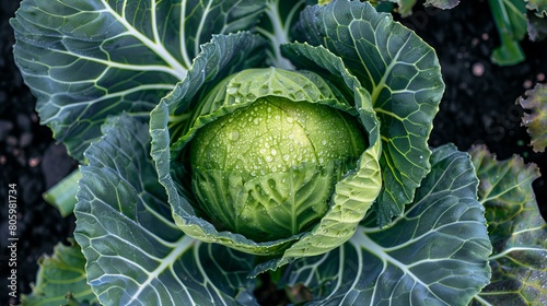 cabbage head in the field, top view, healthy, organic gardening