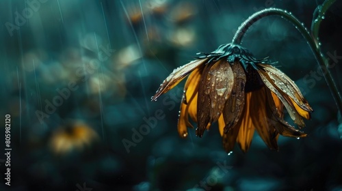 A wilted flower drooping under the weight of heavy rain, symbolizing the burden of sorrow and grief.