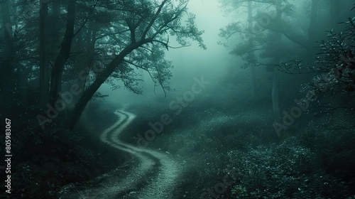 A winding path disappearing into a mist-shrouded forest, a journey into the unknown amidst the whispering trees.