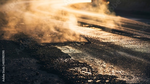 Road construction, asphalt layering close-up, steam rising, early evening light 