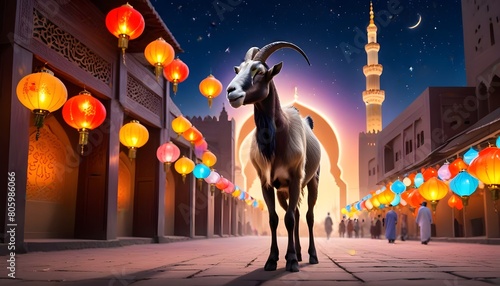 Eid ul adha mubarak theme a goat is standing with a lot of islamic lantern lights in different colours around it behind beautiful view of mosque view and dark night with stars along eid celebrations 