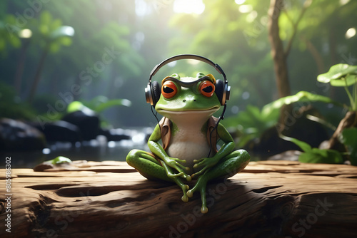 Fantasy of a frog wearing a headset in the forest