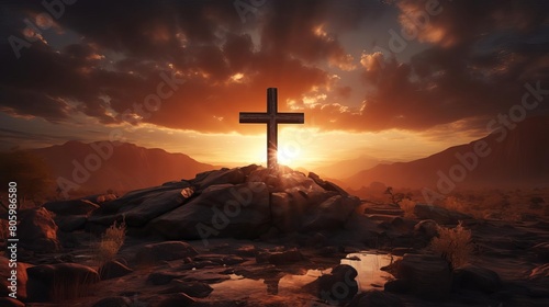 A large wooden cross stands on a rocky hilltop at sunset.