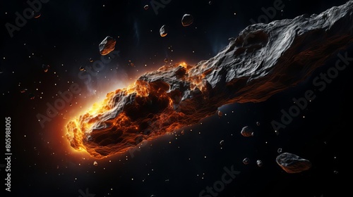 An illustration of a large comet with a fiery tail. The comet is made of rock and ice. The comet is traveling through space.