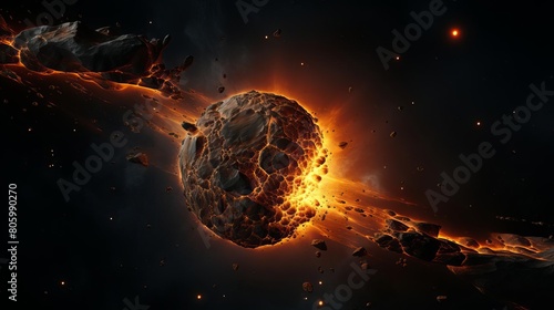An asteroid hurtles through space, its surface glowing with heat from the intense friction of its passage through the atmosphere