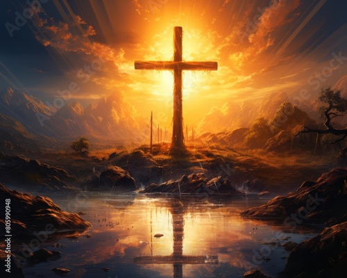 A beautiful landscape with a large cross in the foreground