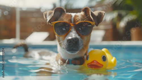 A small dog, like a Jack Russell, is lying on a floating mattress in the sea at the beach. It's having a great time during the summer vacation, wearing cool red sunglasses and has a yellow rubber duck