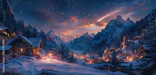 Star of Bethlehem with comet tail over a village in the mountains in winter with Christmas decor. Christmas holidays