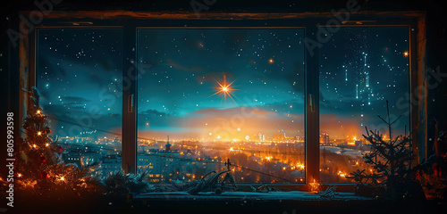 View through the window of the sky with the star of Bethlehem with a comet tail. Christmas holidays