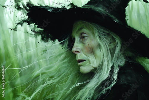 portrait of an old scary and ugly green witch with hat in a foggy background, fairy tale character