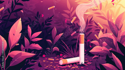 An enchanting digital illustration featuring cigarettes in various stages of burn, nestled among mystical forest foliage under a twilight sky.