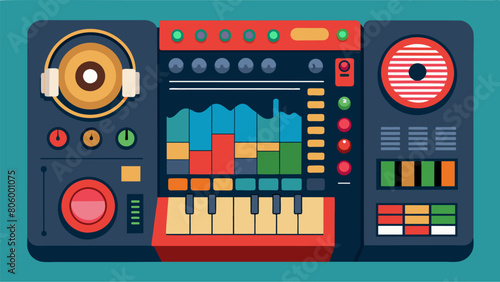 An interactive sound mixing board allowing visitors to remix popular songs from different genres and time periods. Vector illustration