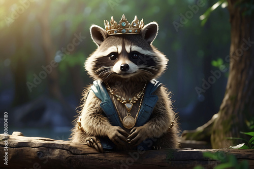 Fantasy of a cute raccoon in the forest wearing a necklace and crown