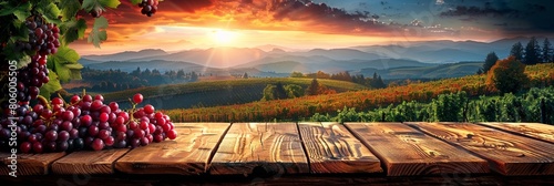 Experience the breathtaking scenery of a vineyard at sunrise, with ripe grapes adorning the hills.