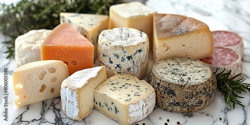 Savor a nutritious assortment of cheeses rich in vitamins and proteins on a marble board.