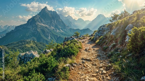 chemin de randonnée rocailleux escarpé en moyenne montagne par beau temps