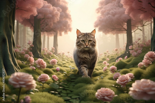 A cat is looking around in the forest