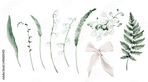 Watercolor Illustration Set: Floral Elements, Lily of the Valley, Leaves, Fern.