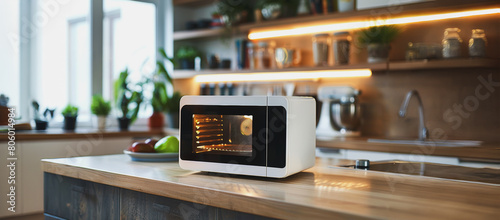 A microwave oven sits on a wooden countertop in a kitchen