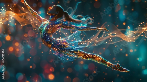 The image shows a dancer with flowing hair and a colorful dress, leaping through the air against a dark blue background.