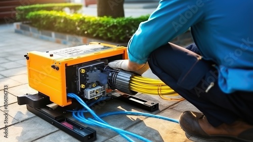 workers control electrical cables, control fiber optics. Electrical worker measures voltage and current of power lines in electrical cabinet control.