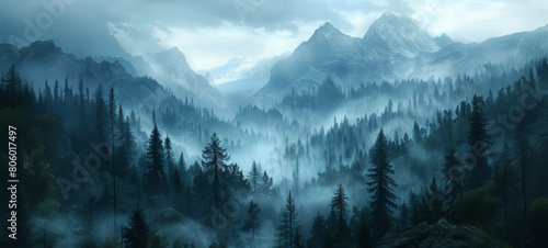 A misty forest with a mountain range in the background
