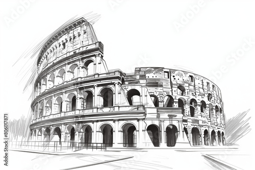 Black and white line drawing illustration of Colosseum in Rome, Italy. one of the seven wonders of the ancient world 