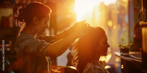 A hairdresser gives a woman a haircut. beautiful sunset light.