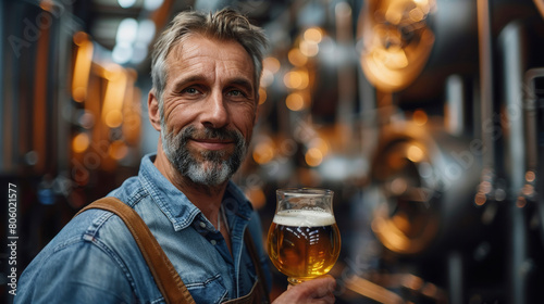 A smiling bearded man holding a glass of beer in a brewery, with stainless steel brewing equipment in the background.