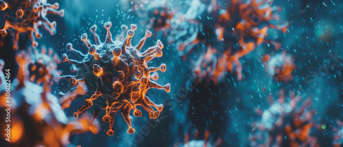 A close up of a virus with orange and blue colors