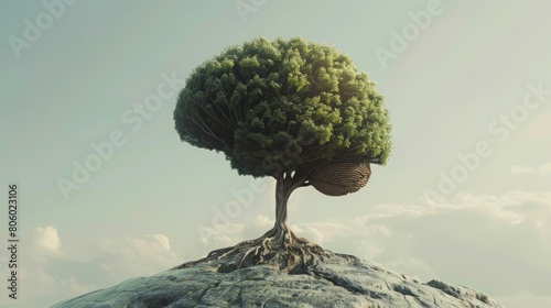 A human brain shaped like a tree, showing growth of mind, symbolizing the connection between knowledge and nature. best for mental growth articles