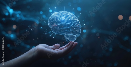 A hand holding up an AI brain with digital data flowing out of it, representing the integration and conceptualization process in artificial intelligence development for business success