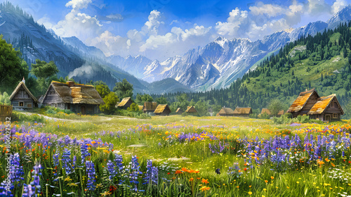 Alpine Meadow Bursting with Spring Blossoms, Majestic Mountains in the Background, Tranquil European Landscape