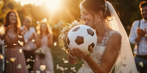 The beautiful bride stand in wedding dresses and kissing a classic soccer ball in his hands.
