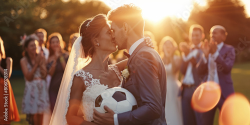 The beautiful bride stand in wedding dresses and kissing a groom with a classic soccer ball in his hands.