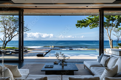 Luxurious beachfront villa with open sliding doors, revealing a seamless indoor-outdoor living space overlooking the ocean