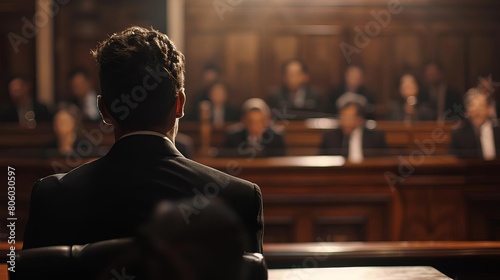 A man sits in a courtroom with a crowd of people watching