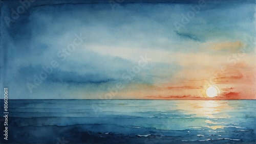 sunset over the blue sea painting, seascape in watercolor style, panorama, wallpaper background illustration