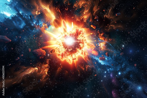 A supernova explosion in space, vivid colors, realistic style, wideangle view