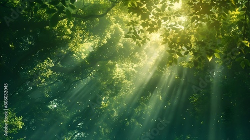 A dense forest canopy illuminated by golden rays of sunlight filtering through the green foliage. . 