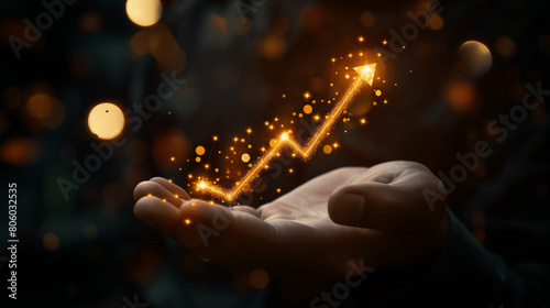 Hand holding a growing digital stock graph. Business concept