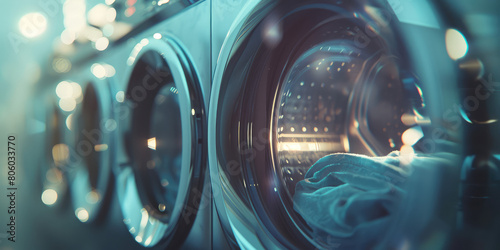 Close up Row of modern washing machines in dry-cleaning room, background with copy space. Public laundry.