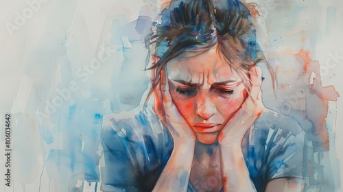 Illustrate the silent battles of depression and anxiety in a traditional watercolor painting