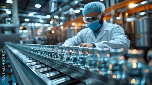 A medical lab technician meticulously inspects medical vial bottles on a mass production conveyor belt in a pharmaceutical warehouse