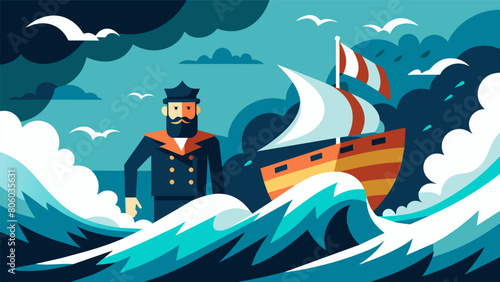 As the winds howled and the waves crashed the stoic ship stood firm its captain personifying the Stoic virtues of courage and resilience.. Vector illustration