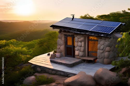 Small stone hut with solar panels installed on the roof.