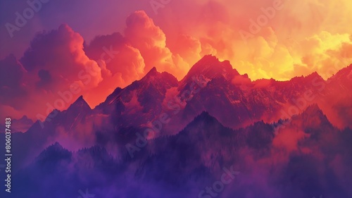  A dramatic mountain vista with jagged peaks stretching into the distance, their rugged outlines silhouetted against a fiery sunset sky. . 